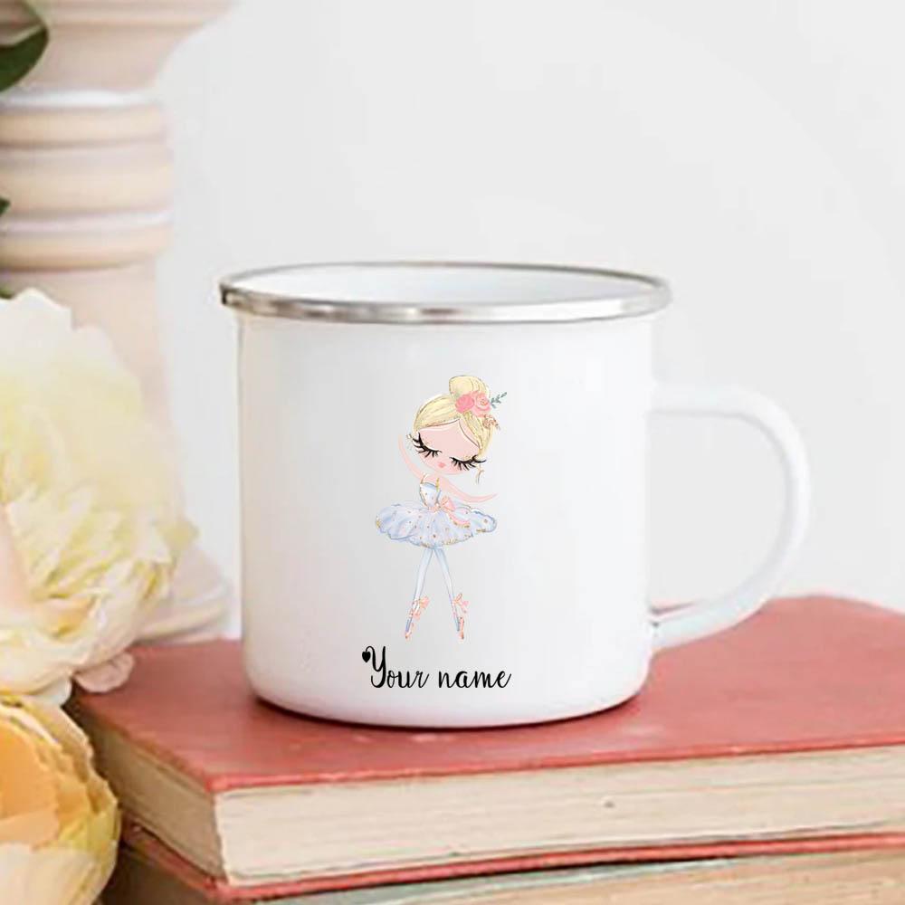Personalized Name Ballerina Cups Custom Ballet Dance Hot Chocolate Juice Enamel Mug Girls Handle Mugs Birthday Children's Gifts