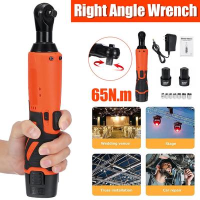 Cordless Ratchet Right Angle Wrench Impact Power Tool 65Nm Angel Wrench Tool 12V 2 Battery +7 Socket
