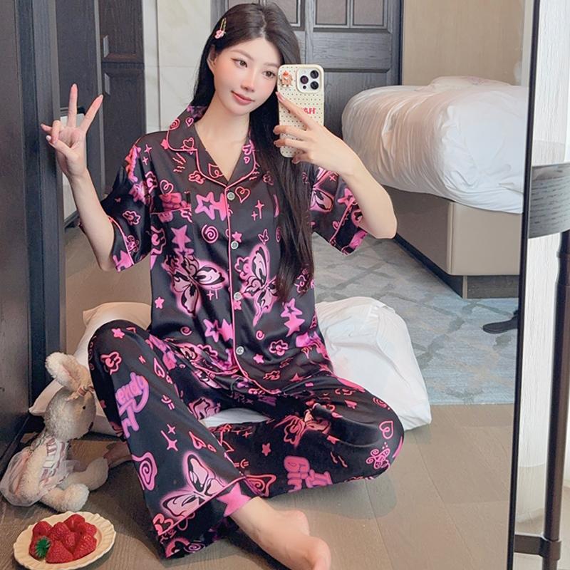 Vintage Butterfly Print Women Sleepwear Sets Rest Summer Autumn Pajamas Set Turn Down Collar Faux Silk Satin Short Sleeve Female Pijama Home Wear