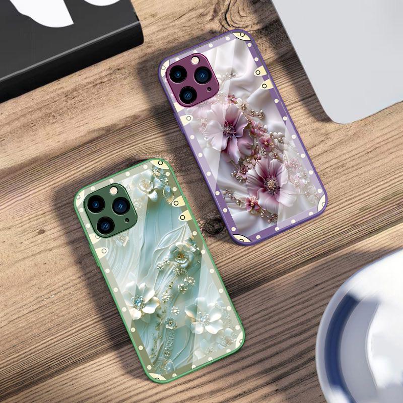 Box Pink Flowers For IPhone 16 Pro Max 15 Pro 14 13 12 Mini 11 XS Max XR 7 8 Plu SE 2022 Tempered Glass Phone Case