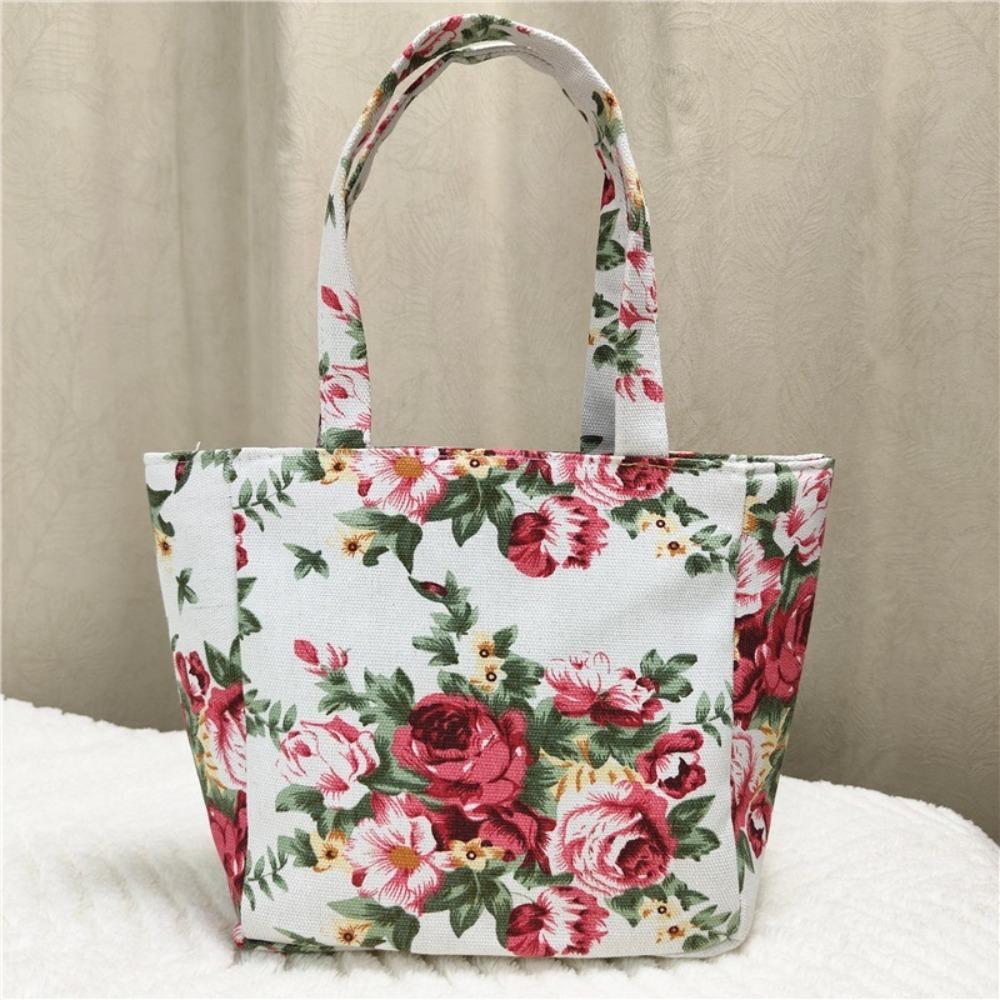 New Fashion Flower Printed Lunch Bag Portable Canvas Handbag Jacquard Zipper Canvas Bag Women