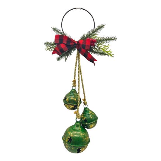 Christmas Bell Decoration 17.7" Hanging Jingle Bells with Plaid Bow Pine Needles Red Berries Rustic Holiday for Door