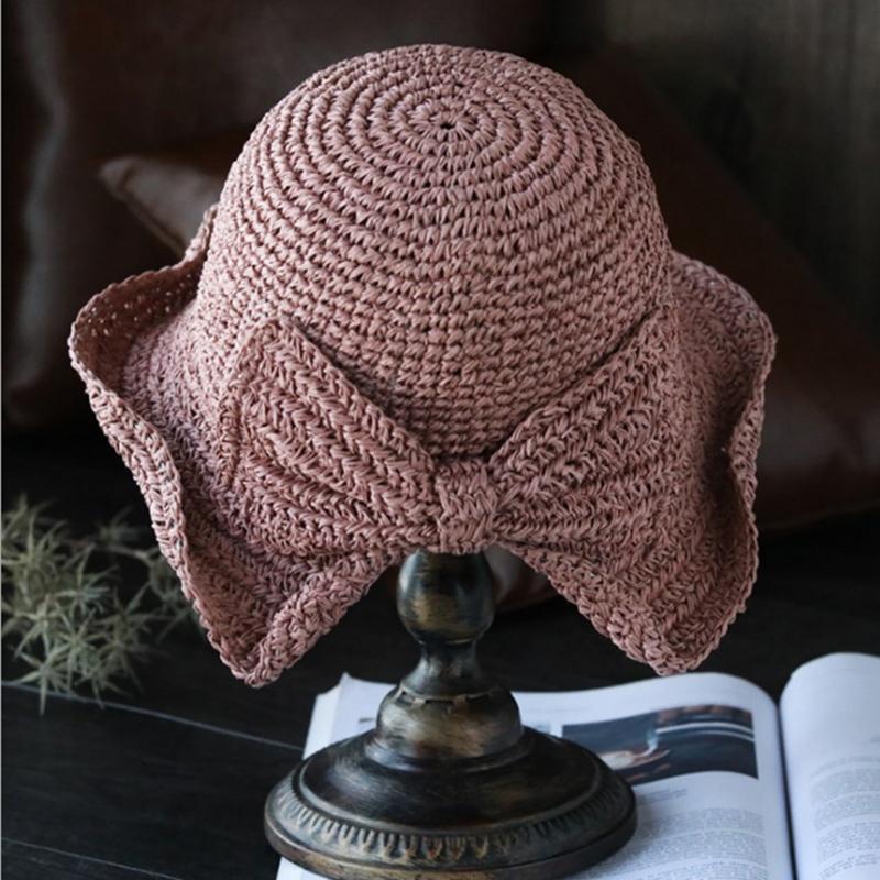 1Pcs Bow Sun Hat Wide Brim Floppy Summer Hats For Women Beach Panama Straw Dome Bucket Hat Mountaineering Hat