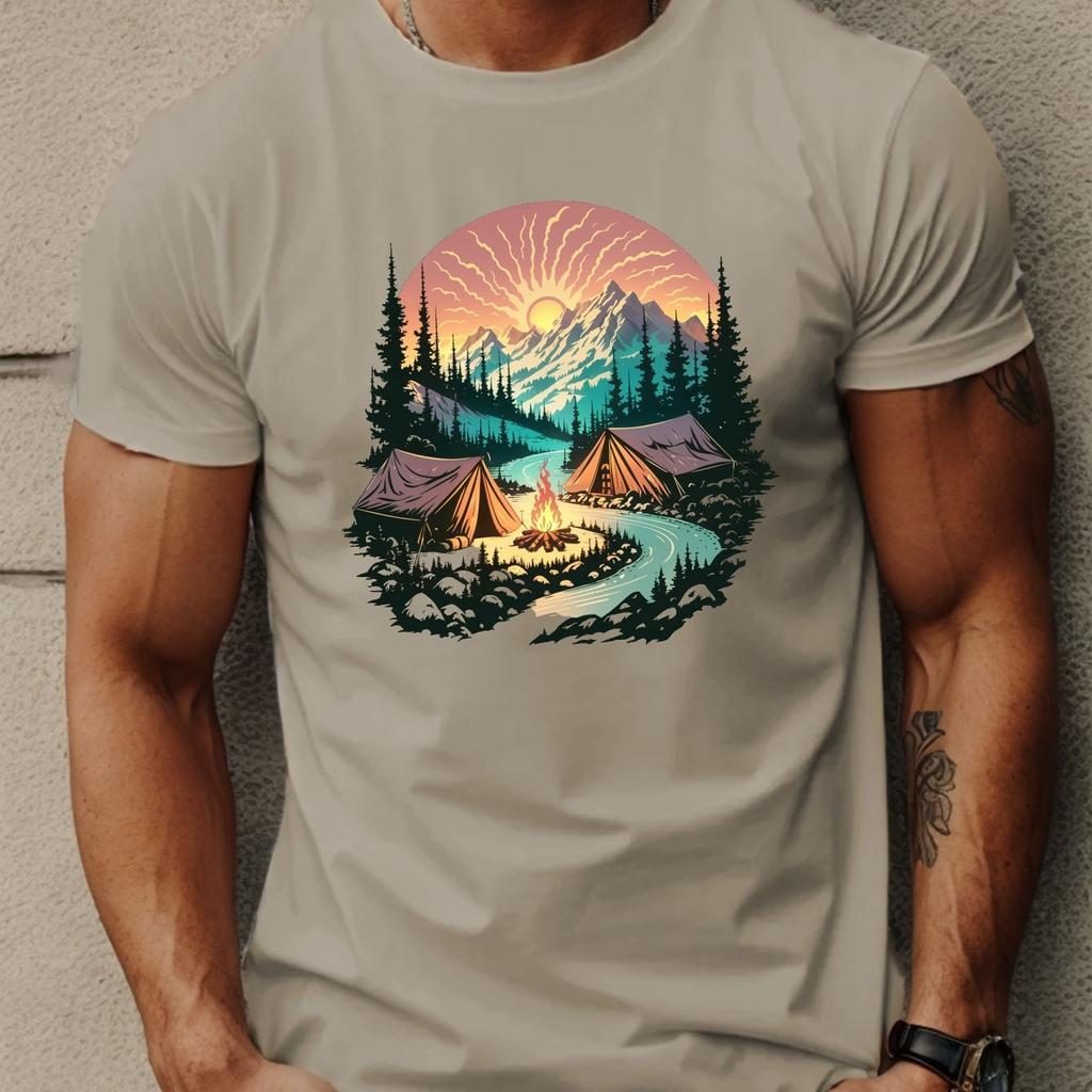 Mountain Camping River Sunset Graphic Tee Men Casual Breathable Short Sleeve TShirt