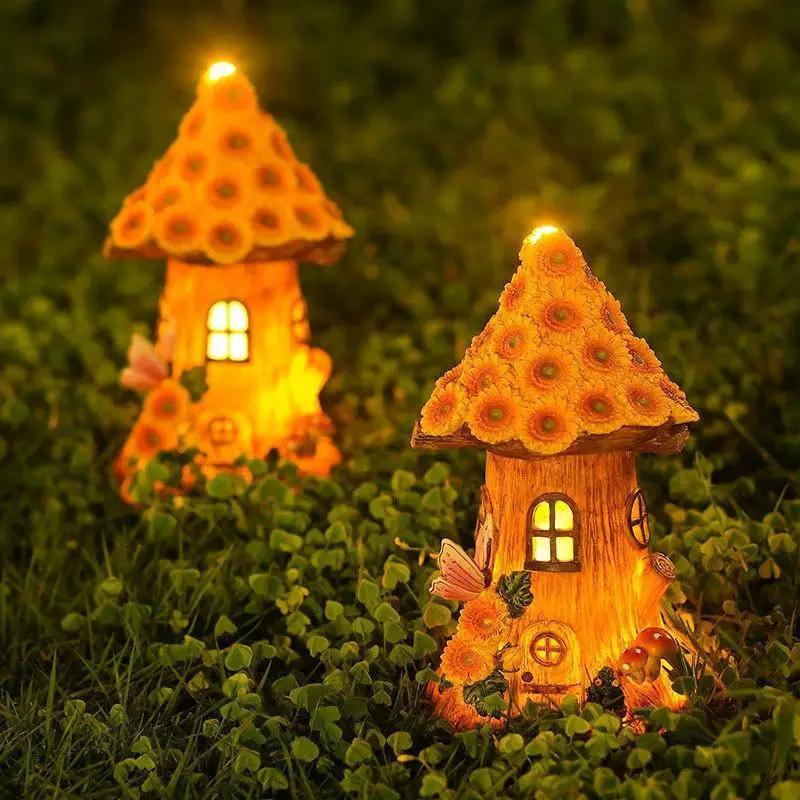 Fuuny Resin Tree House Solar Decorative Lights Small House Ornaments Outdoor Garden Garden Balcony Patio Decoration Lawn Lights