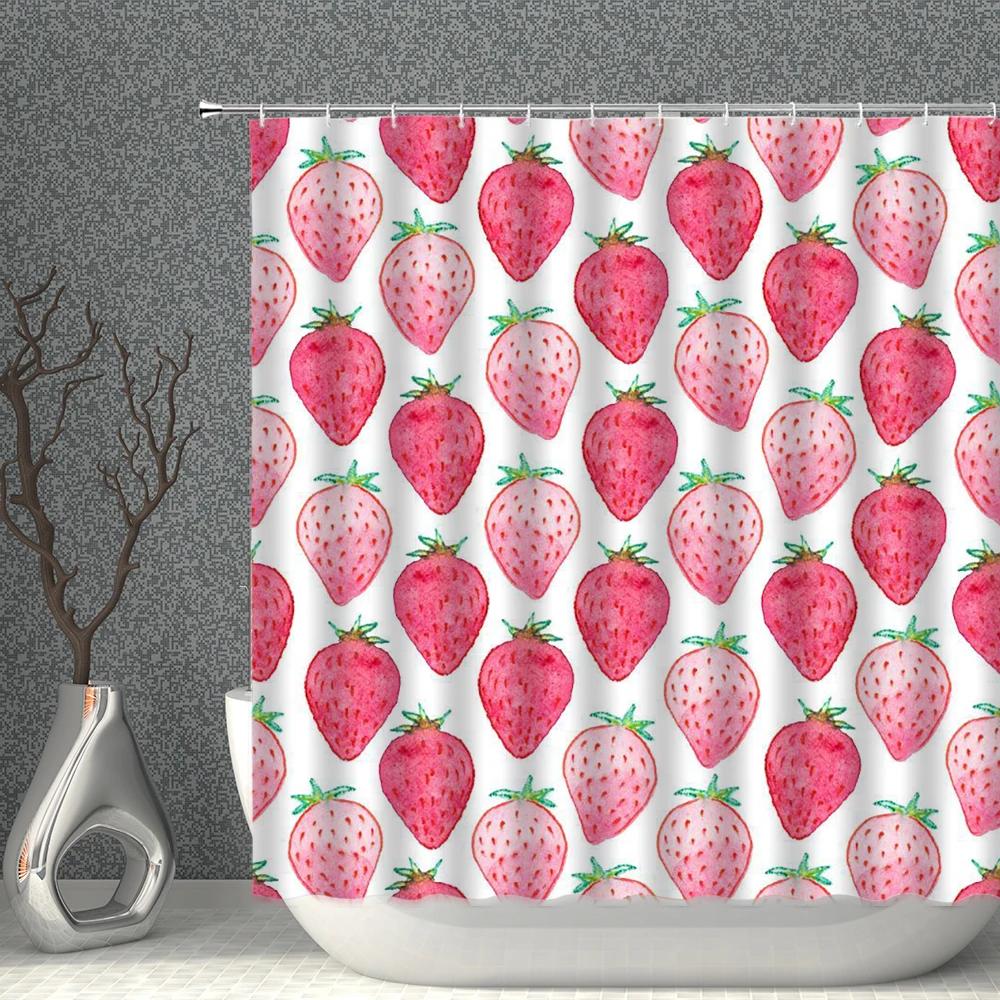 Fruits Shower Curtain Waterproof Fabric Watermelon Apple Strawberry Print Bath Curtains Set Pink Green White Bathroom Screen