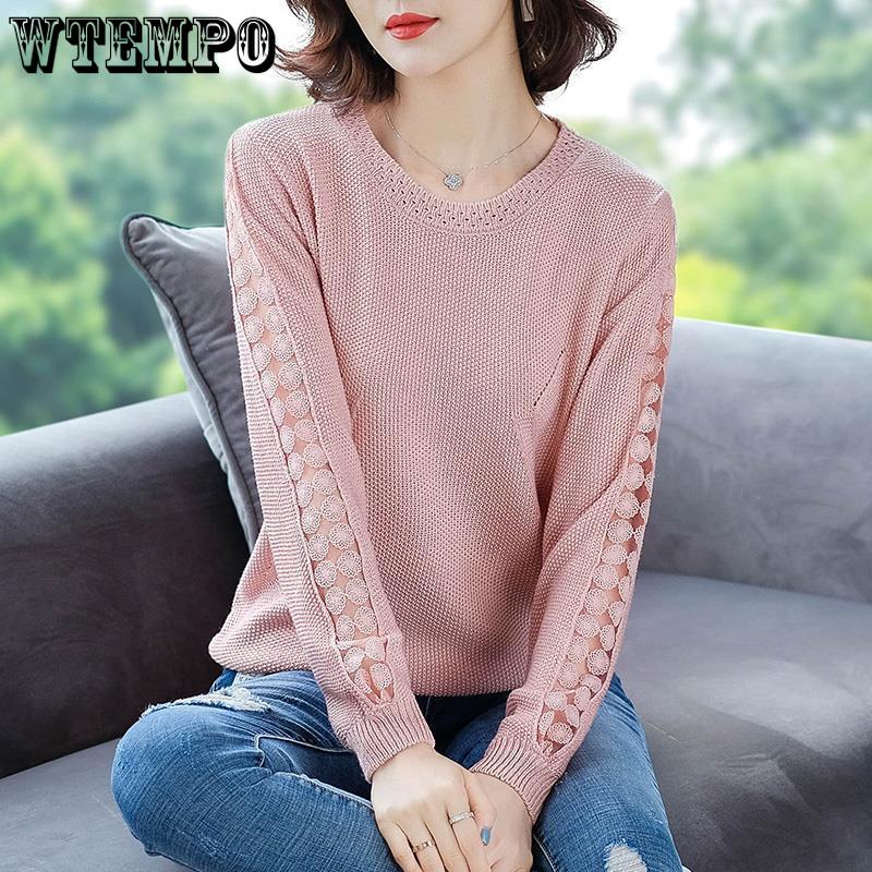 Stitching Lace Base Knitted Sweater Women Flowers Hollow Loose Round Neck Solid Color Casual Jumpers Female 2024 Spring