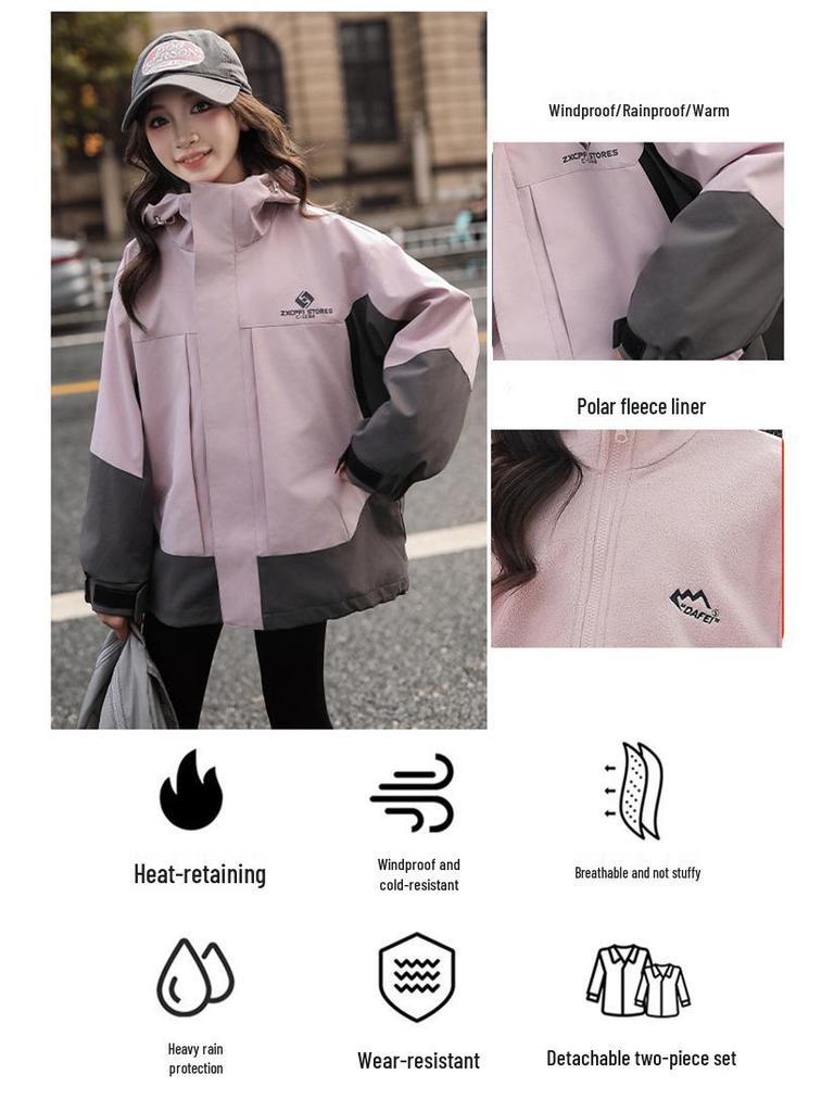 Girls' Fleece-Lined 3-in-1 Detachable Windbreaker Jacket, 2024 Autumn/Winter Style, Big Child Outdoor Thickened Coat.