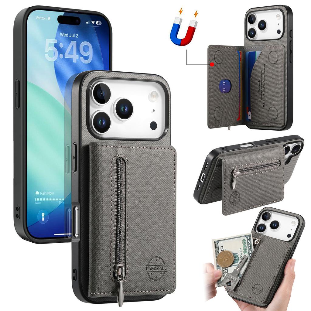 For iPhone 17 Pro Max Case Zipper Card Holder Kickstand Jeans Cloth Texture Leather Back Cover