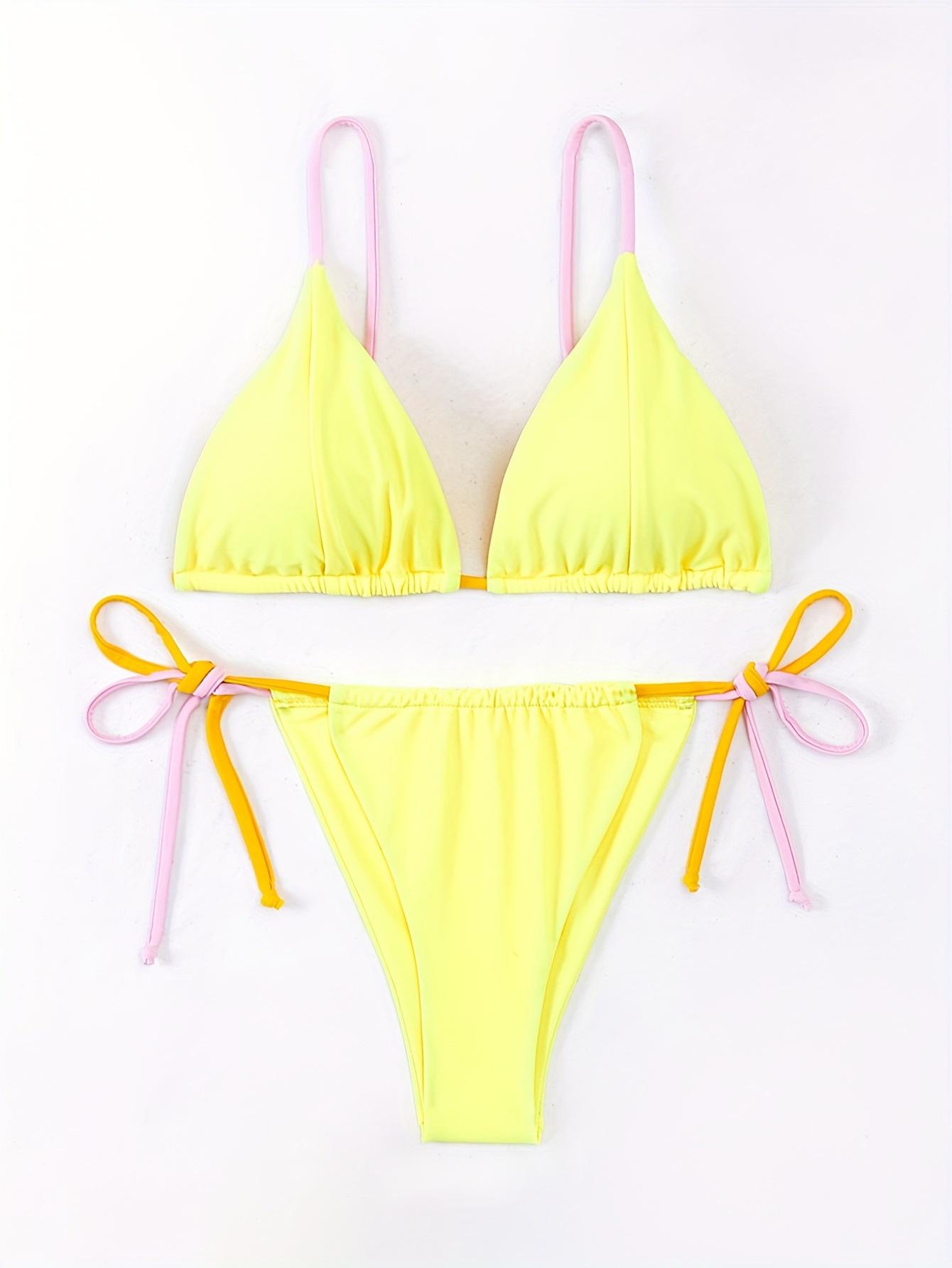 

Узкий купальник женский раздельный халтер чистый бикини сексуальный шнуровка пляжный купальник отпуск XL жёлтый