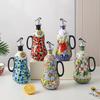 Vintage Floral Ceramic Oil Bottle 600ml, Hand Painted Polish Style Vinegar Dispenser with Handle, Kitchen Decor Cruet