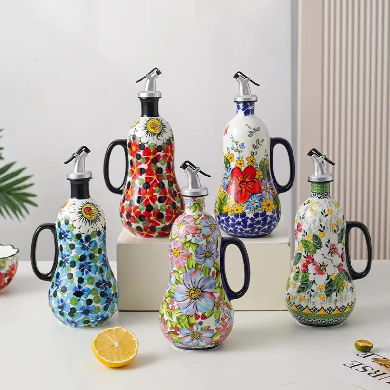 Vintage Floral Ceramic Oil Bottle 600ml, Hand Painted Polish Style Vinegar Dispenser with Handle, Kitchen Decor Cruet