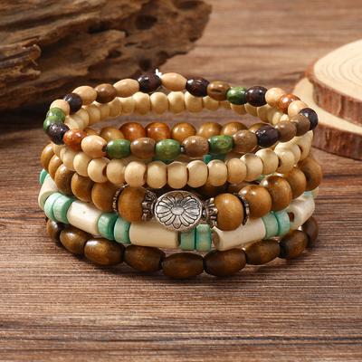 Color Wood Bead Small Flower Elastic Thread Five-piece Set Bracelet Elegant Fashion Handmade String Jewelry