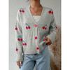 Women S Casual Cherry Pattern Knit Cardigan V Neck Loose Fit Button Detail Sweet Sweater