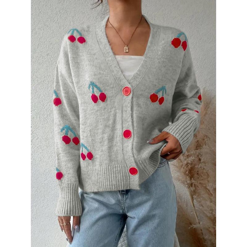 Women S Casual Cherry Pattern Knit Cardigan V Neck Loose Fit Button Detail Sweet Sweater