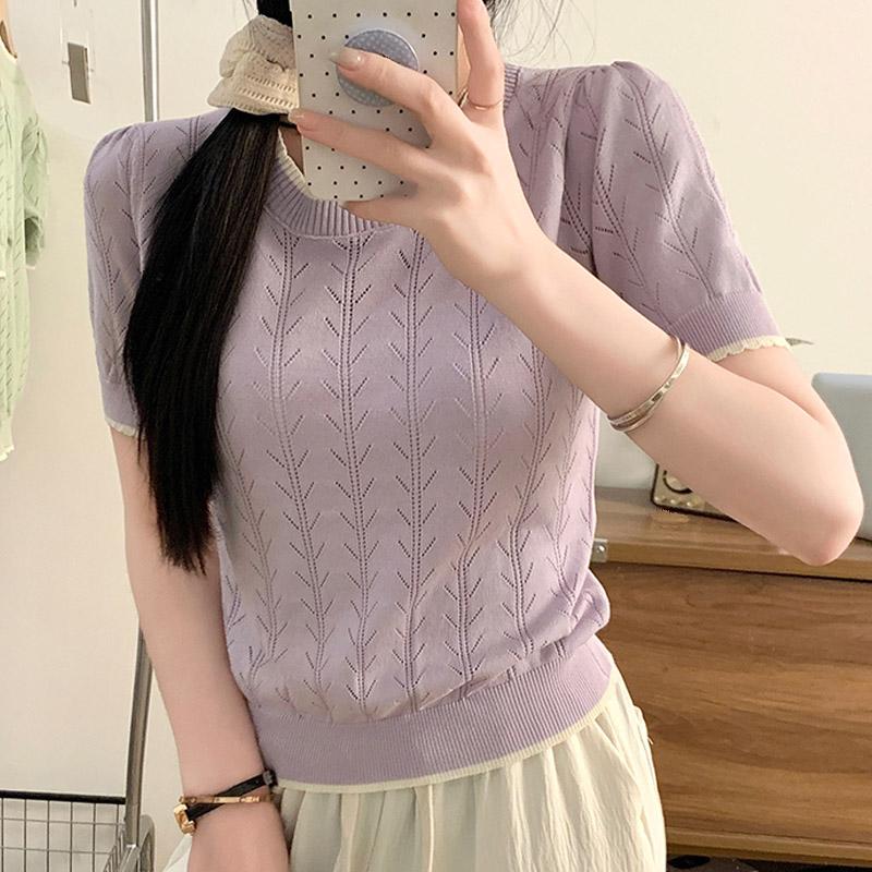 

Женские свитера, пуловеры 2025 Лето Короткий рукав О-образный вырез Вязаный свитер Женские топы Пуловер JJ206 One Size фиолетовый