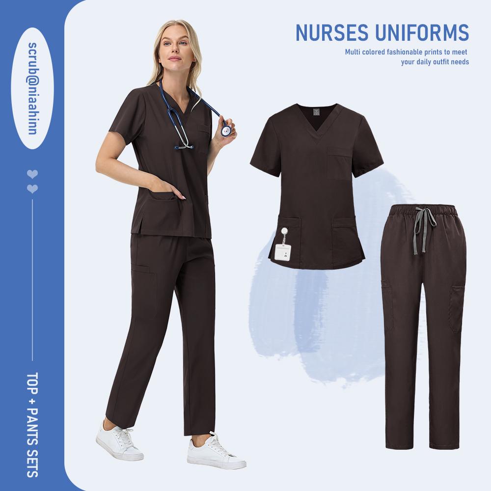Nursing Surgical Uniforms Woman V-Neck Short Sleeved Uniform Scrub Sets Wholesale Lab Beauty Salon Workwear Pet Doctor Nurse Set