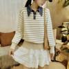 Loose POLO collar denim sleeves splicing fake two-piece sweater women's autumn and winter new knitted sweater fashion top trendy