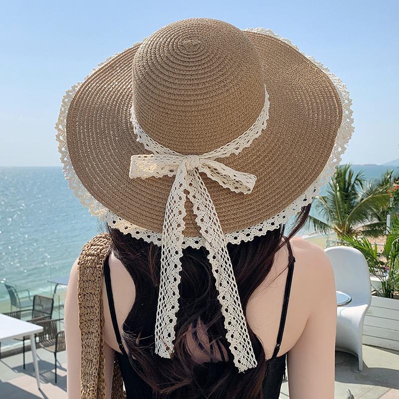 Summer Bow Sun Hat Female, Seaside Beach Vacation Sun Hat Outdoor Big Brim Sun Hat Sweet Straw Hat