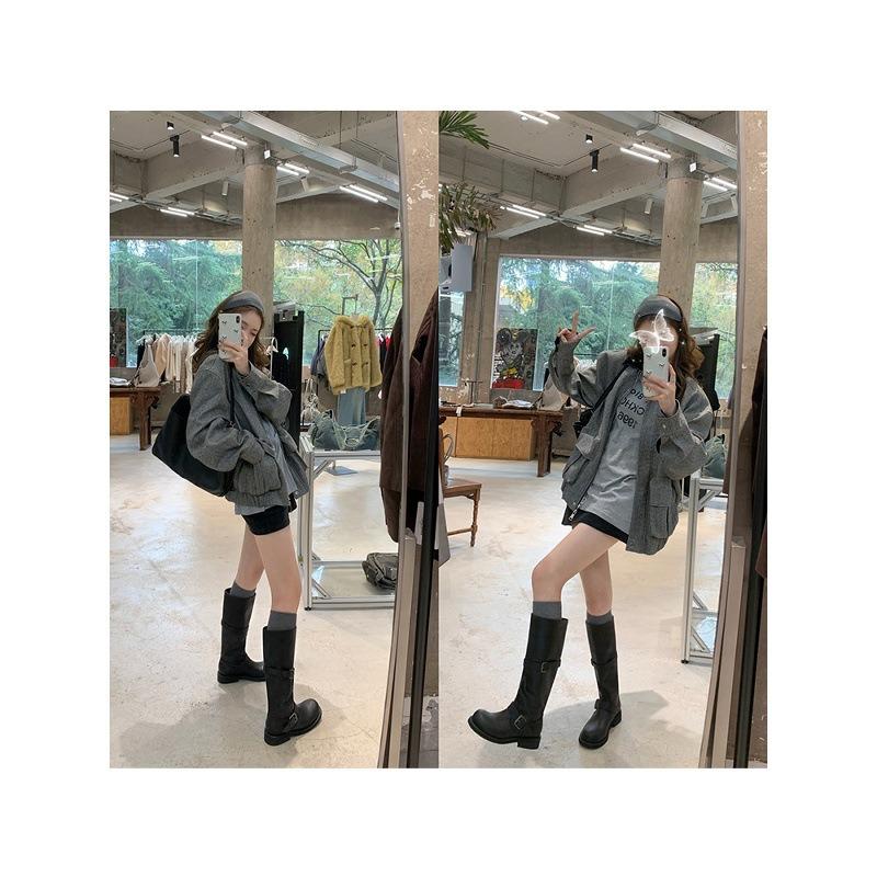 Cowhide version~ Genuine leather retro double buckle medium and high boots women's knight boots western boots