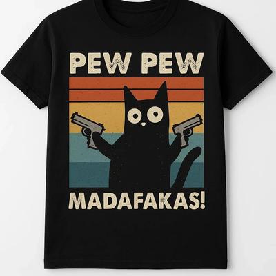 T-Shirt Pew Pew Madafakas Retro Kedi Pamuklu Eğlence Şakalar Komik Karikatür