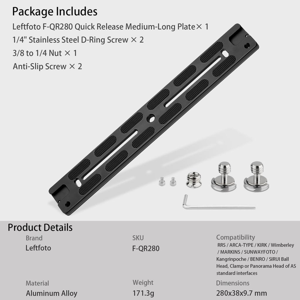 Leftfoto 280mm Metal Dovetail Slide Rail Type Quick Release Plate with Cold Shoe Pad for DSLR Camera Tripod Ball Heads Arca-Swiss & Anti-Slip