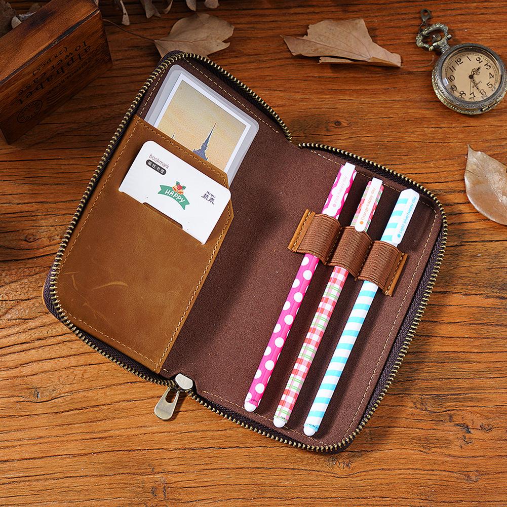 2026 First Layer Cowhide Three-pack Pencil Case Zipper Pen Storage Bag Plus Large Capacity Bill Stationery Case Pencil Case