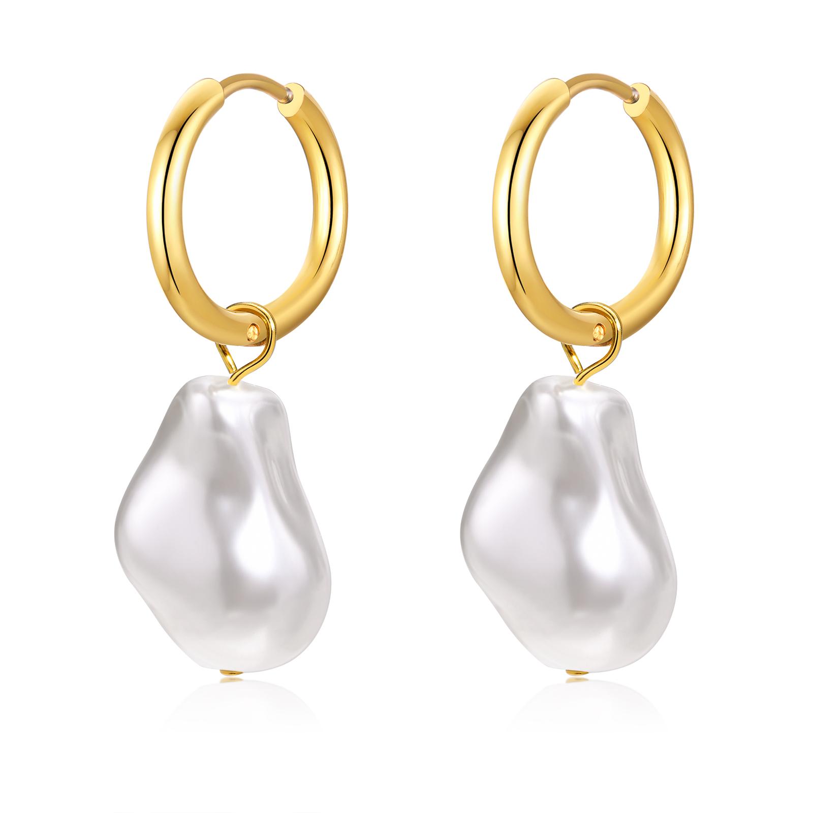 Vintage Baroque Pearl Huggie Earring for Women,Stainless Steel Hoop Earrings, Waterproof Hypoallergenic