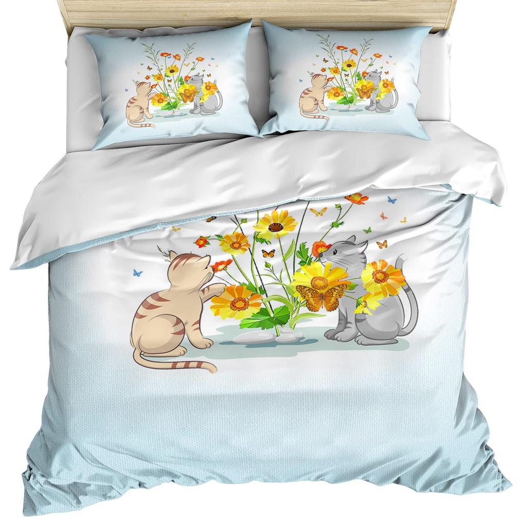 Cat and Flowers Duvet Cover Queen King Size Lightweight Quilt Cover with 2 Pillowcases Spring Animal Themed Bedding Set No Quilt