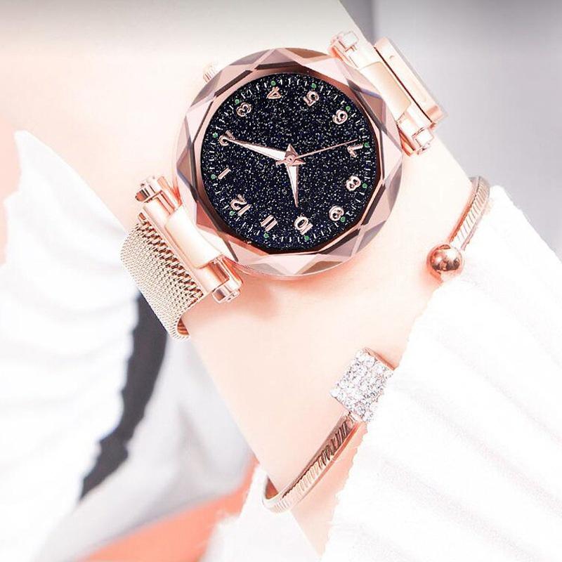 Women Fashion Luminous Numbers Starry Sky Quartz Watch Magnetic Wristwatch Buckle
