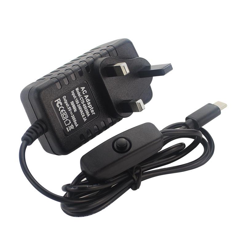 Universal Raspberry Pi 4B Power Supply 5V 3A with Switch, 1m Cord