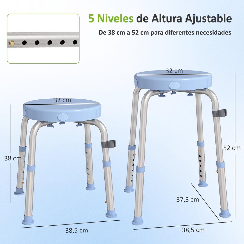 360 Degree Rotating Shower Stool Aluminum Frame 5 Level Adjustable Height Light Blue