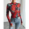 Women's Rose Print Sheer Mesh Bodysuit Mock Neck Long Sleeve See Through Bodysuits