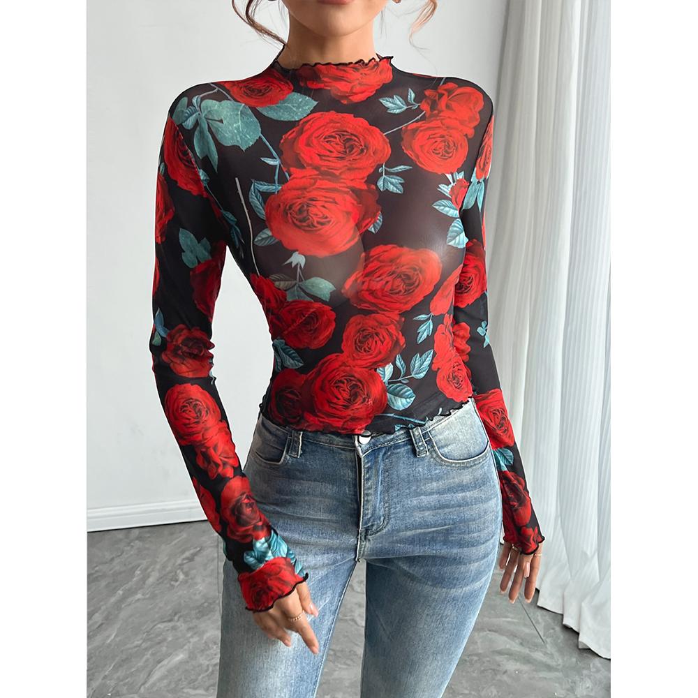 Women's Rose Print Sheer Mesh Bodysuit Mock Neck Long Sleeve See Through Bodysuits