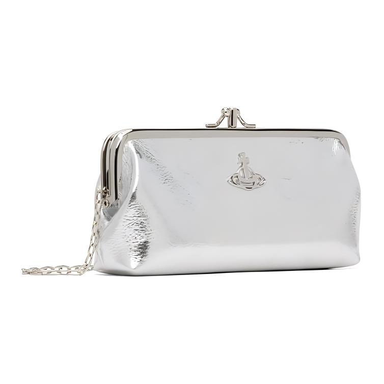 VIVIENNE WESTWOOD West Queen Frame Front Logo Hardware Lock Leather Tote Shoulder Bag Women Handbags Silver 52020044W00HKPFQ401