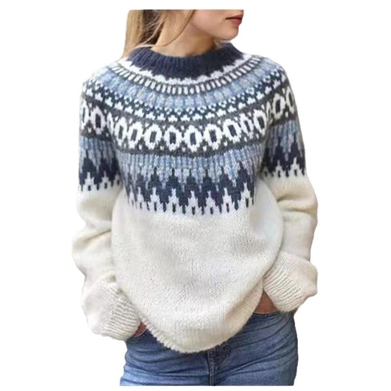 Womens Oversized Round Neck Knit Sweater With Color Block Design Loose Fit Pullover 2025