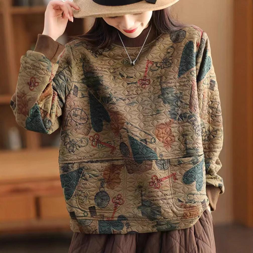 Felpa da Donna Vintage Stampa Cotone Lino Moda Patchwork Ispessita Ampia Tasche Letteraria Elegante Semplice Accogliente Femminile Pullover
