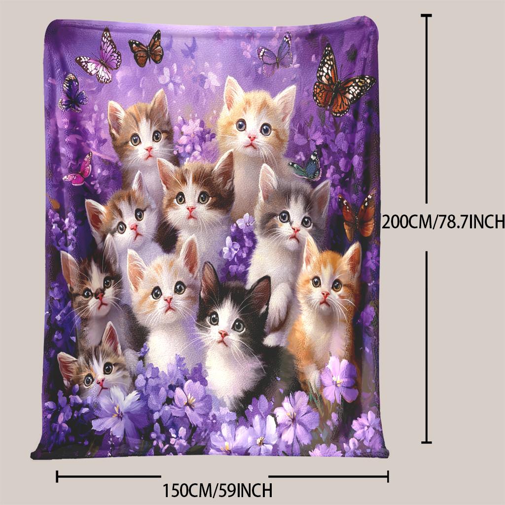 Kätzchen Blumen Schmetterling Flanell Überwurfdecke, gesteppter Glam-Stil für Sofa Bett, Fantasy-Thema Gemütliches Geschenk, Ganzjahres