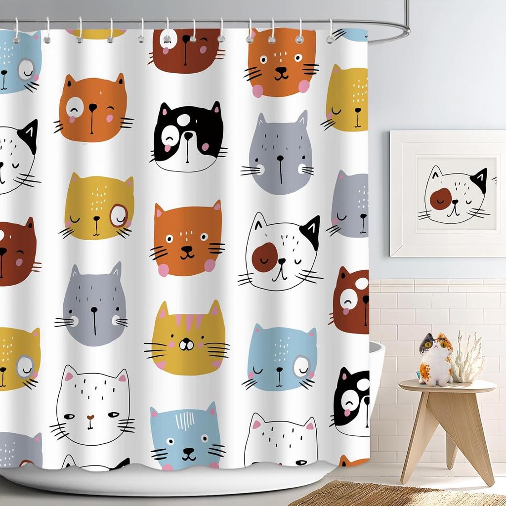 Cute Cat Shower Curtain For Bathroom Decor, Funny Bathroom Curtain Set, Cat Lovers Cute Cartoon Colorful Waterproof Fabric