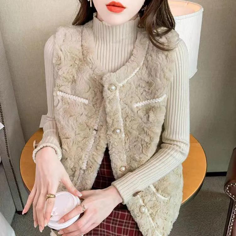 Women's Autumn and Winter Temperament Elegant Imitation Lamb Wool Vest Solid Color Loose Simple Comfortable Soft Jacket
