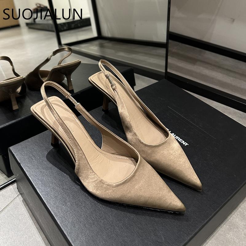 Móda SUOJIALUN 2025 Nová Značka Dámské Sandály Módní Špičatá Špička Nazouvací Boty Slingback Tenký Vysoký Podpatek Dámské Elegantní Společenské Lodičky