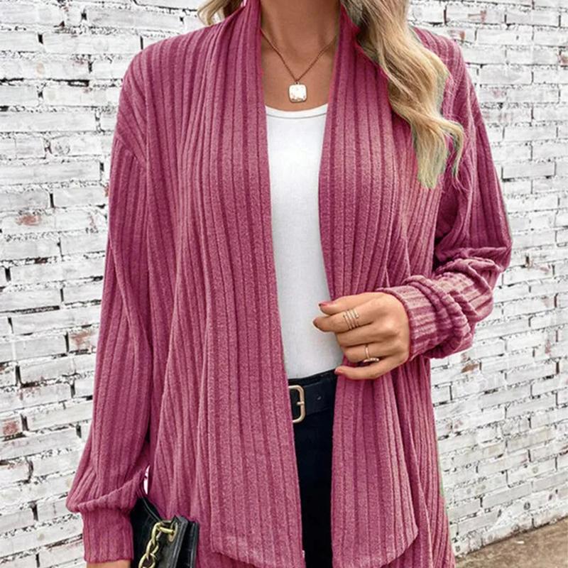 Women's Long Sleeve Cardigan Fall Winter Solid Color Open Front Knit Sweater Jacket