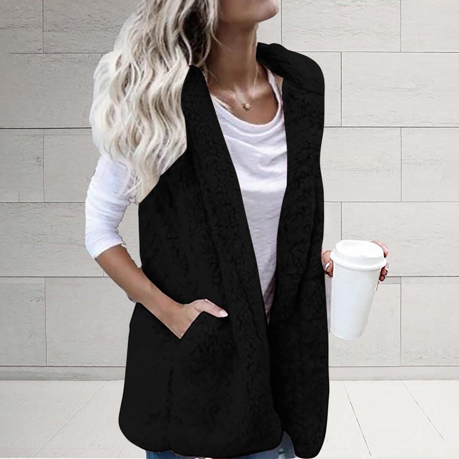 

Женский жилет, зимняя теплая верхняя одежда с капюшоном, повседневное пальто, куртка на молнии из искусственной кожи XXL чёрный