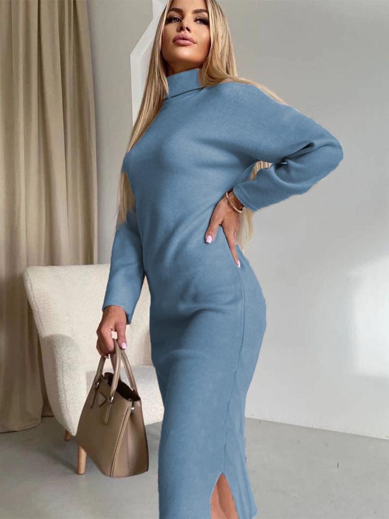 Samt-Rollkragen-Hemd für Damen Herbst und Winter Neues Kleid mit langem Schlitz für Damen