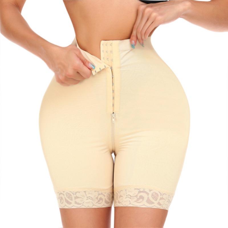 High Waist Zipper And Hook Eye Shaper Shorts With Lace Trim
