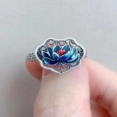 Bague creuse Lotus Bleu réglable - Style rétro, Artisanat goutte brûlée bleue, Polyvalente pour l'index