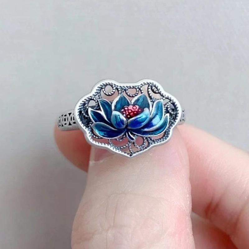 Adjustable Blue Lotus Hollow Ring - Retro Style, Burned Blue Drip Craft, Versatile for Index Finger