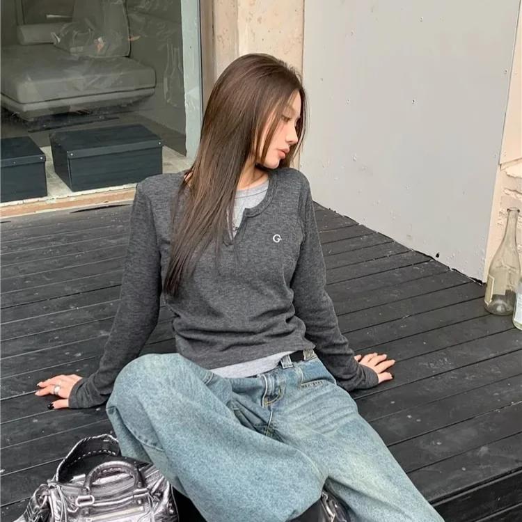 Long Sleeves Korean Fashion Style O-neck Tshirt for Women Fake Two Items T-shirts Ladies Top Tee Clothes