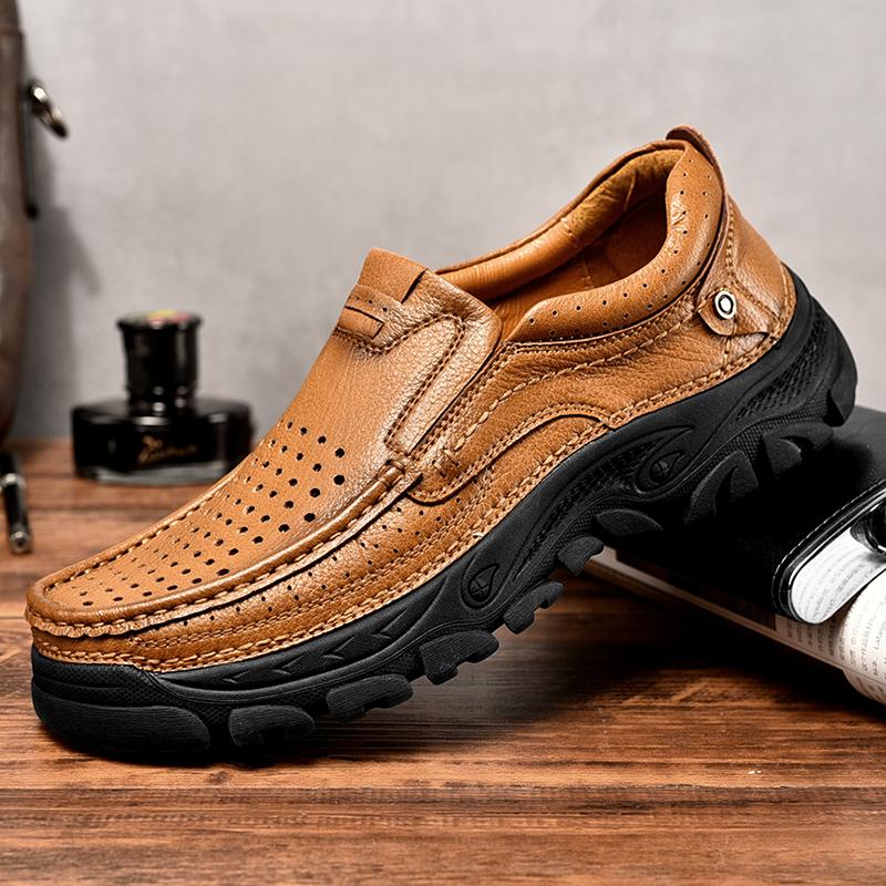 Fashion Handmade Genuine Leather Casual Shoes Comfortable Men's Loafers Slip on Flats Non-Slip Walking Shoes Hot Sale Outdoor Moccasins