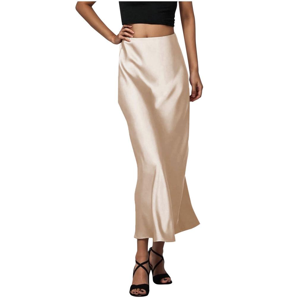 Stylish And Elegant Silky Satin Midi Skirt, Versatile, Slimming And Flowing Bodycon Maxi Skirt For Women.